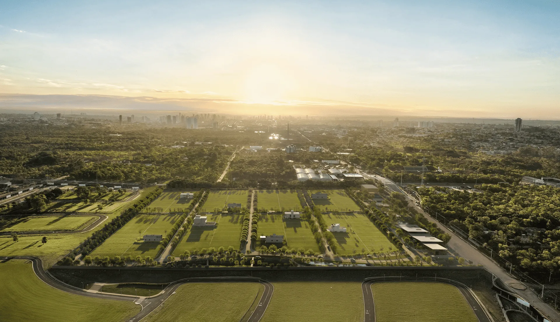 Vista aérea do masterplan do Artesano Campo Grande ao amanhecer