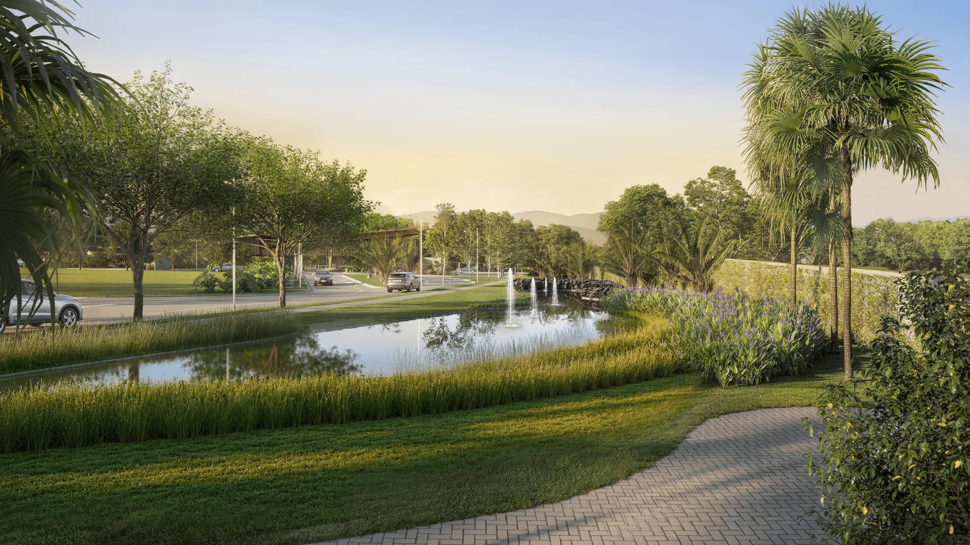 Parque linear com lago e vegetação no Artesano Campo Grande