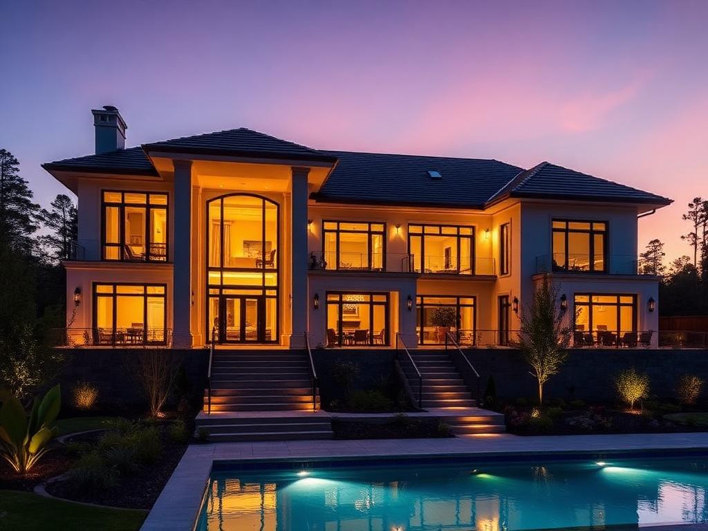 Fachada iluminada de casa de alto padrão com piscina