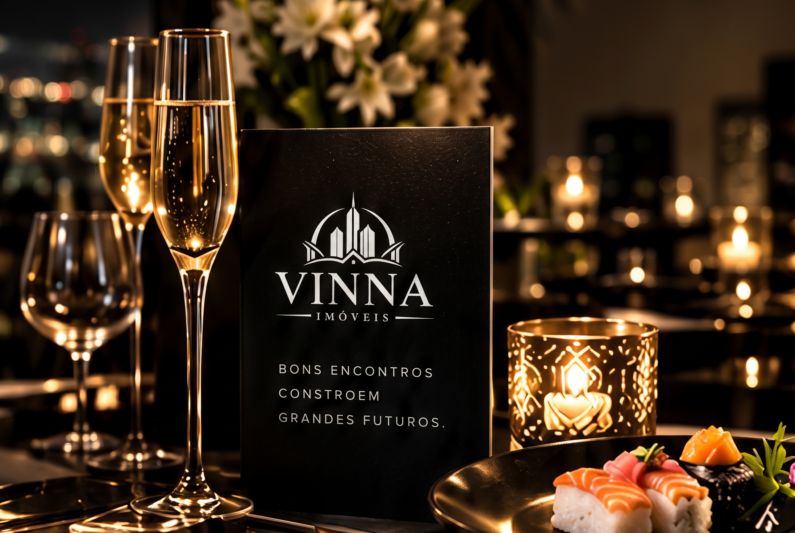 Convite Vinna Imóveis sobre mesa de recepção com taças de champanhe e velas